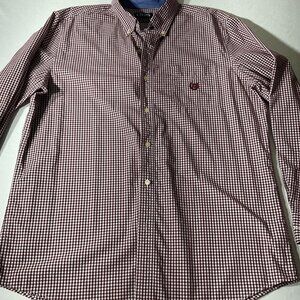 Chaps Mens Red & White Gingham Long Sleeve Button-Down Shirt Cotton Size Large